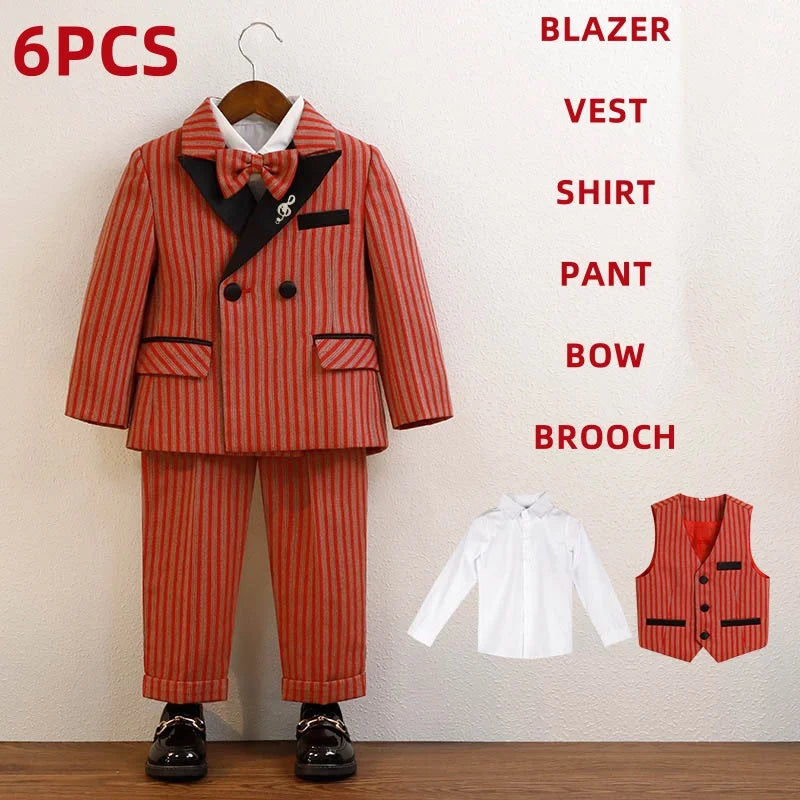 Children Boys Red Luxurious Striped Suit Formal Blazer Vest Pant Boys Suits Outfits Set British Style Handsome Wedding Suit