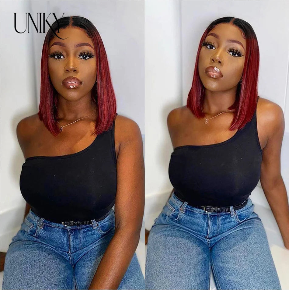Brazilian Bone Straight Human Hair Wigs For Women 1B/99J Highlight Wig Human Hair bob Wig Straight13x4 Lace Frontal Short BobWig