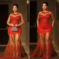 Red Lace Midi Party Dress African Women Sexy Sheer Illusion Neckline Beaded Gown with High Slit Short Cocktail Dress Customized