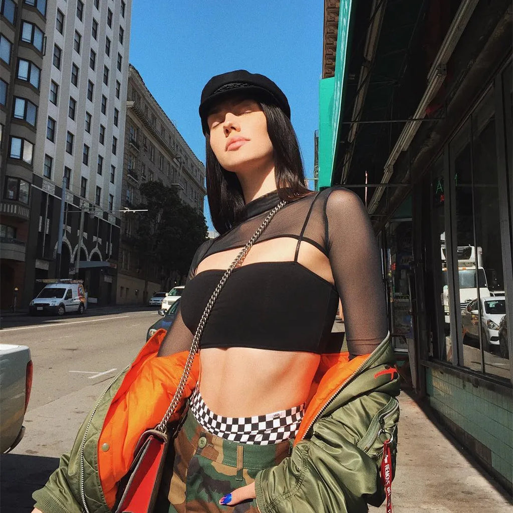 Hot Summer Sexy Top Ultra Short Perspective Round Neck Long Sleeve Solid Color Transparent T-shirt Women's Top
