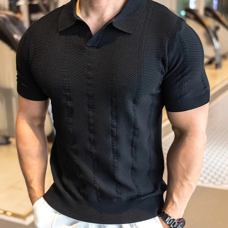 Men's Short Sleeved Knitted Polo Shirt Summer Business Lapel Stylish Solid Color Slim Fit Breathable Quick Drying Golf T-Shirt