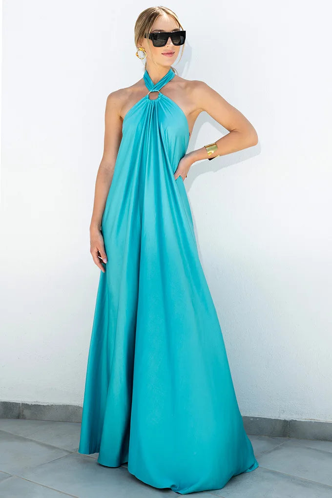 Party Dresses For Women Loose Halter Neck Leace-up Backless Sexy Satin Evening Dress A-line Summer New Fashion Elegant Vacation