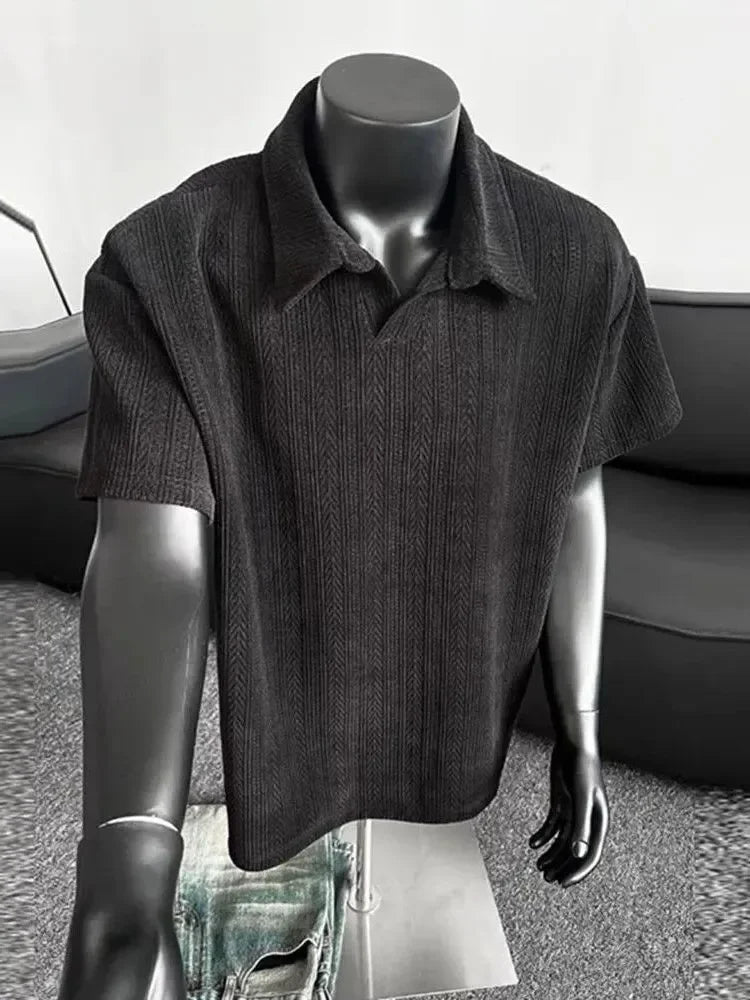 Men Short Sleeve Polo Shirt Herringbone Rib Knit Oversized Casual Top