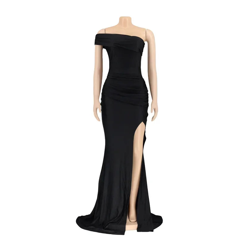 Elegant One Shoulder Split Mermaid Long Dresses for Women Evening Night Party Sleeveless Ruched Formal Prom Wedding Guest Dress