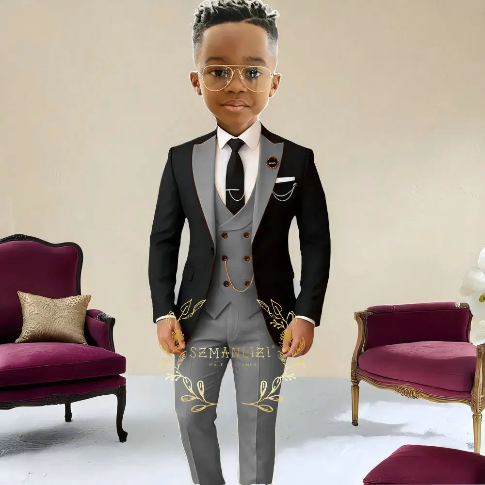 Boys Suit Wedding Tuxedo Black Jacket Beige Pants Vest 3 Pieces Set Kids 2-16 Years Old Child Formal Party Suits Clothes Blazer