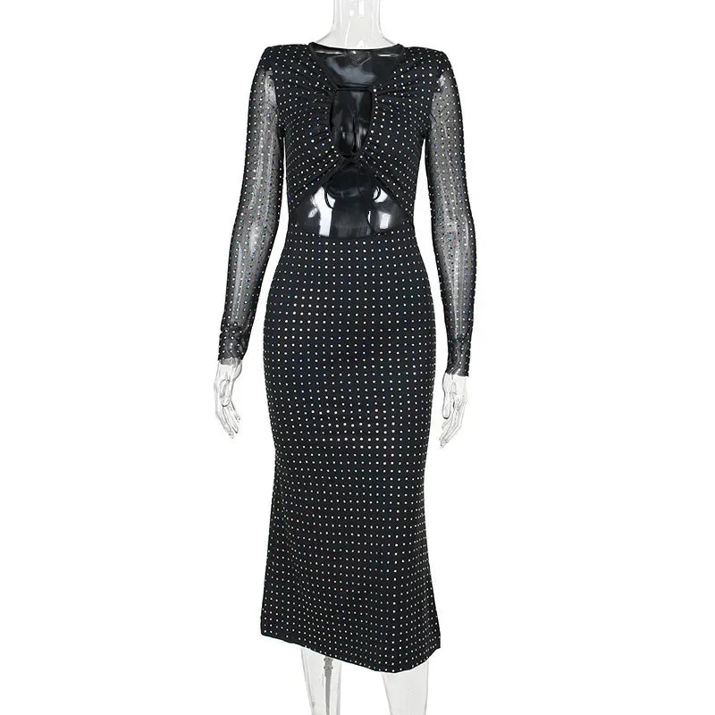 Autumn Winter Sequins Hollow Out Sexy Party Club Maxi Dress Outfits for Women Mesh Long Sleeve Lace Up Bodycon Dresses Vestido