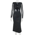 Autumn Winter Sequins Hollow Out Sexy Party Club Maxi Dress Outfits for Women Mesh Long Sleeve Lace Up Bodycon Dresses Vestido