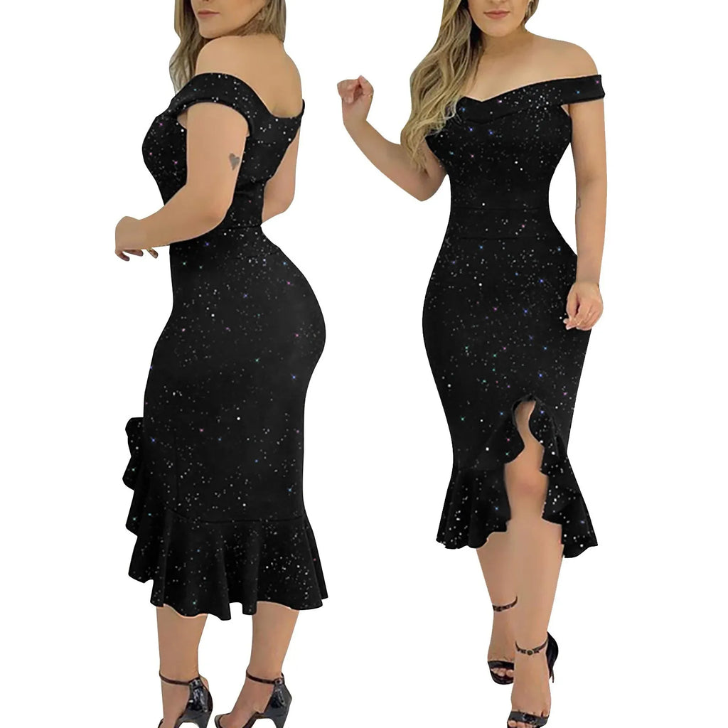 Women's Party Dress Sexy Off Shoulder Split Ruffle Solid Bodycon Knee-length Dress Fashion Glitter Party Elegant Dresses Vestido