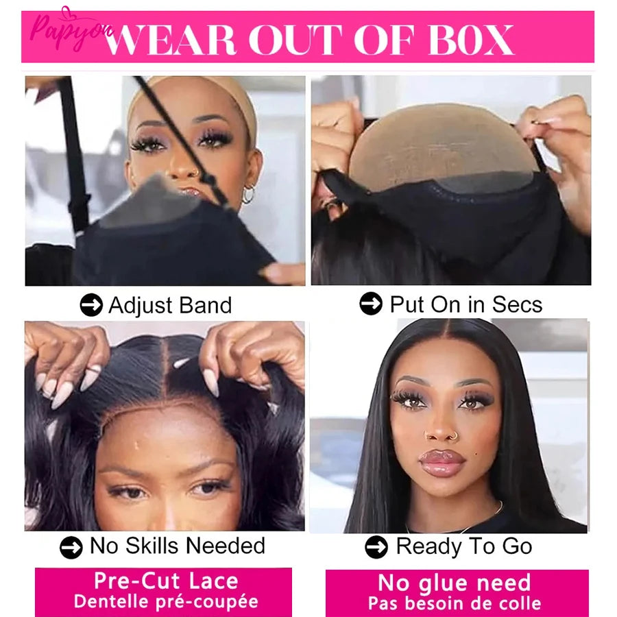 Short Straight Bob Wig, Glue-Free, Ready-to-Wear Real Hair Wig, Pre-Cut 4x4 Elastic Drawstring Upgraded Version