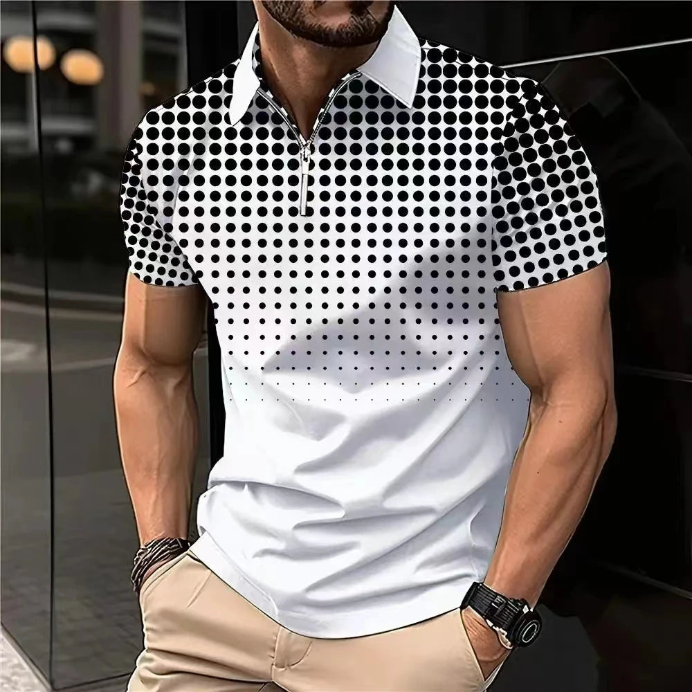 Men'S Polo Shirt Plaid Print Zip Polo T-Shirt Summer Short Sleeve Daily Casual Golf Shirt High Quality Tops Fashion Men Clothing
