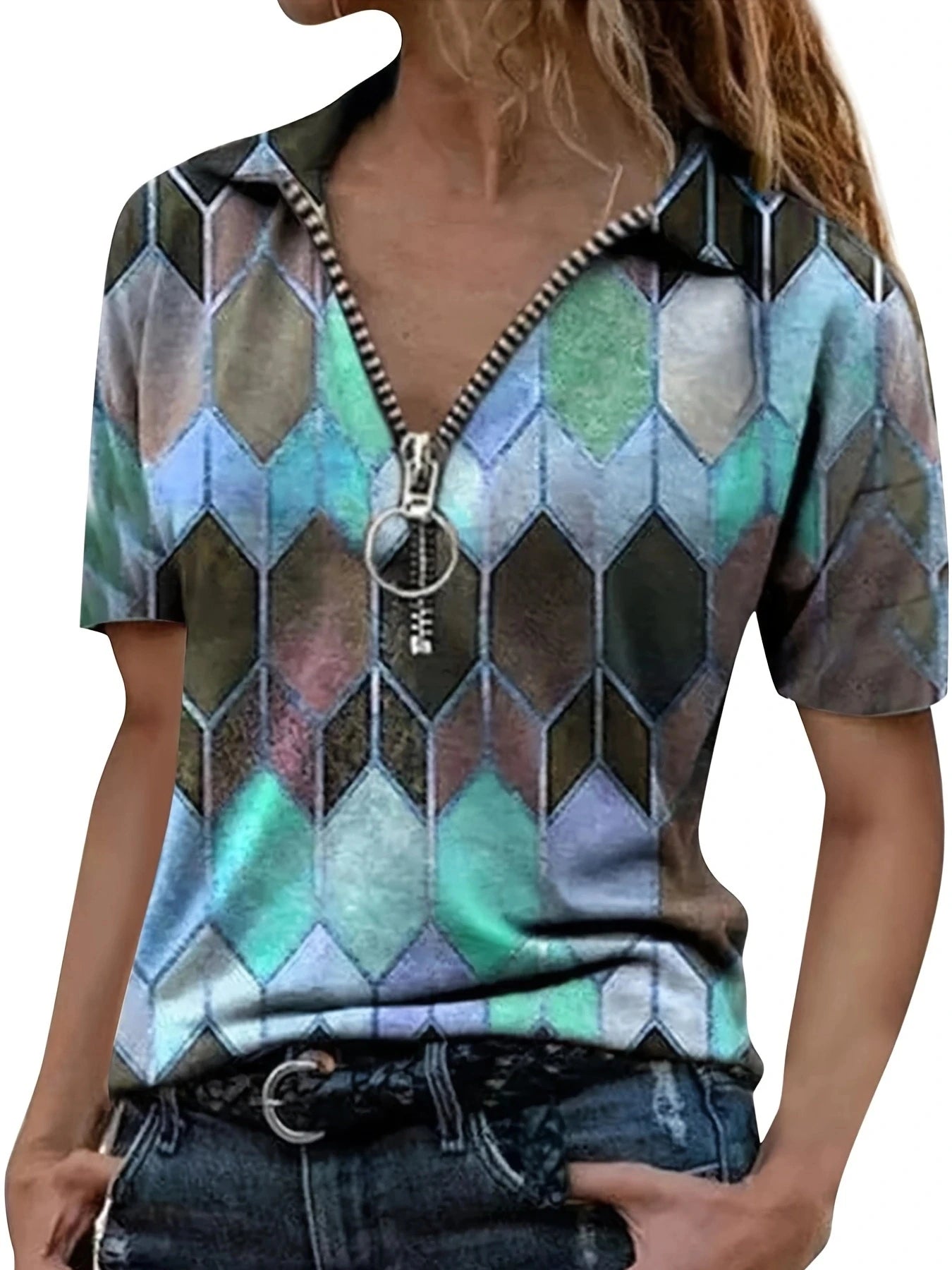 Versatile All-Season Women's Polo Shirt- Easy-Care,Stretch Comfort with Stylish Zip and Geometric Design for Everyday Casual Wea
