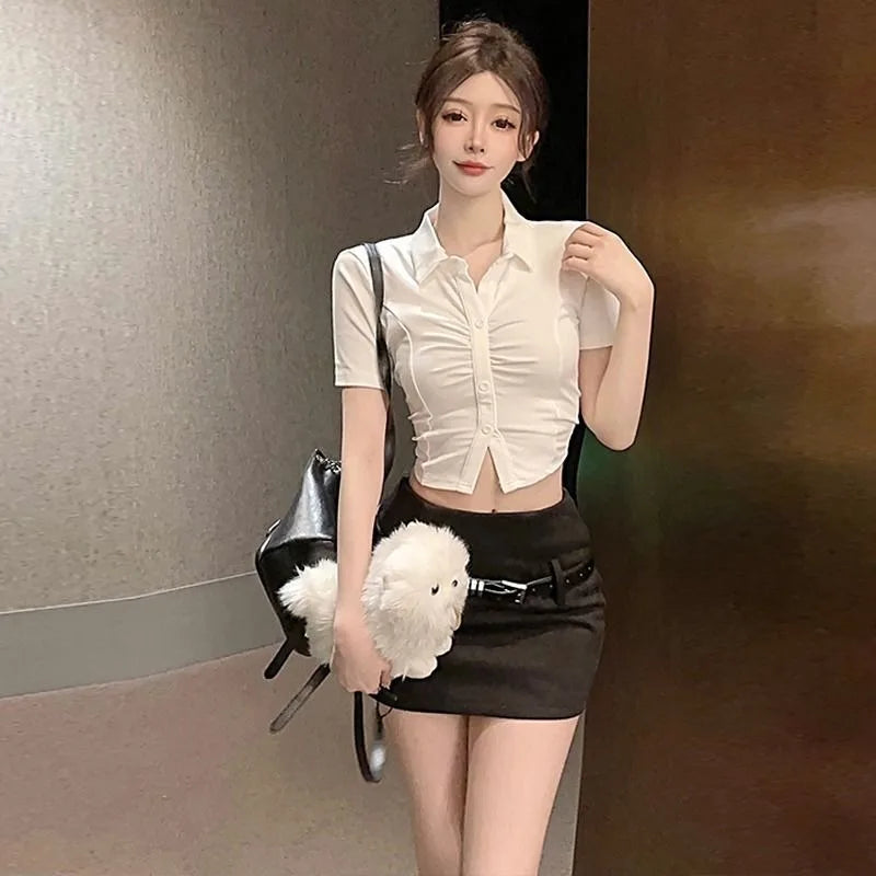 Women's Sexy Polo Shirt  Button Lapel Short Sleeve T-Shirt Summer Slim Waisted Neckline Tops Trendy Transparent Fashion Tops