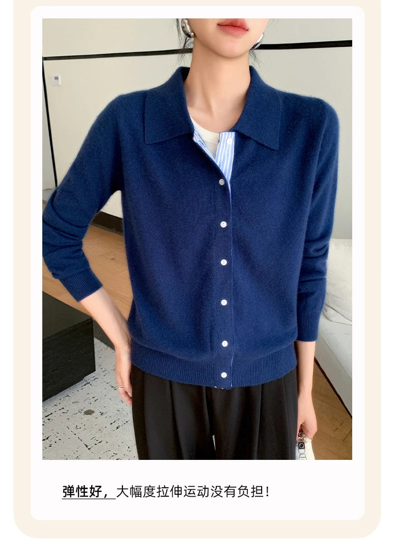Women's Polo Collar Shirt Cardigan Merino Wool Sweater Long-sleeve Color Bar Clothing Spring Autumn Warm Knitwear Female Top