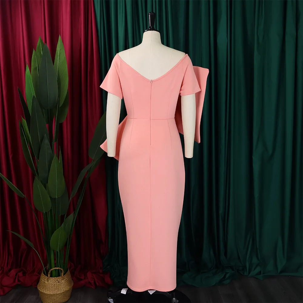 Elegant Party Dresses for Woman 2024 New V Neck Short Sleeve Big Bow Decorate Sheath Side Split Ankle Length Luxury Party Dress