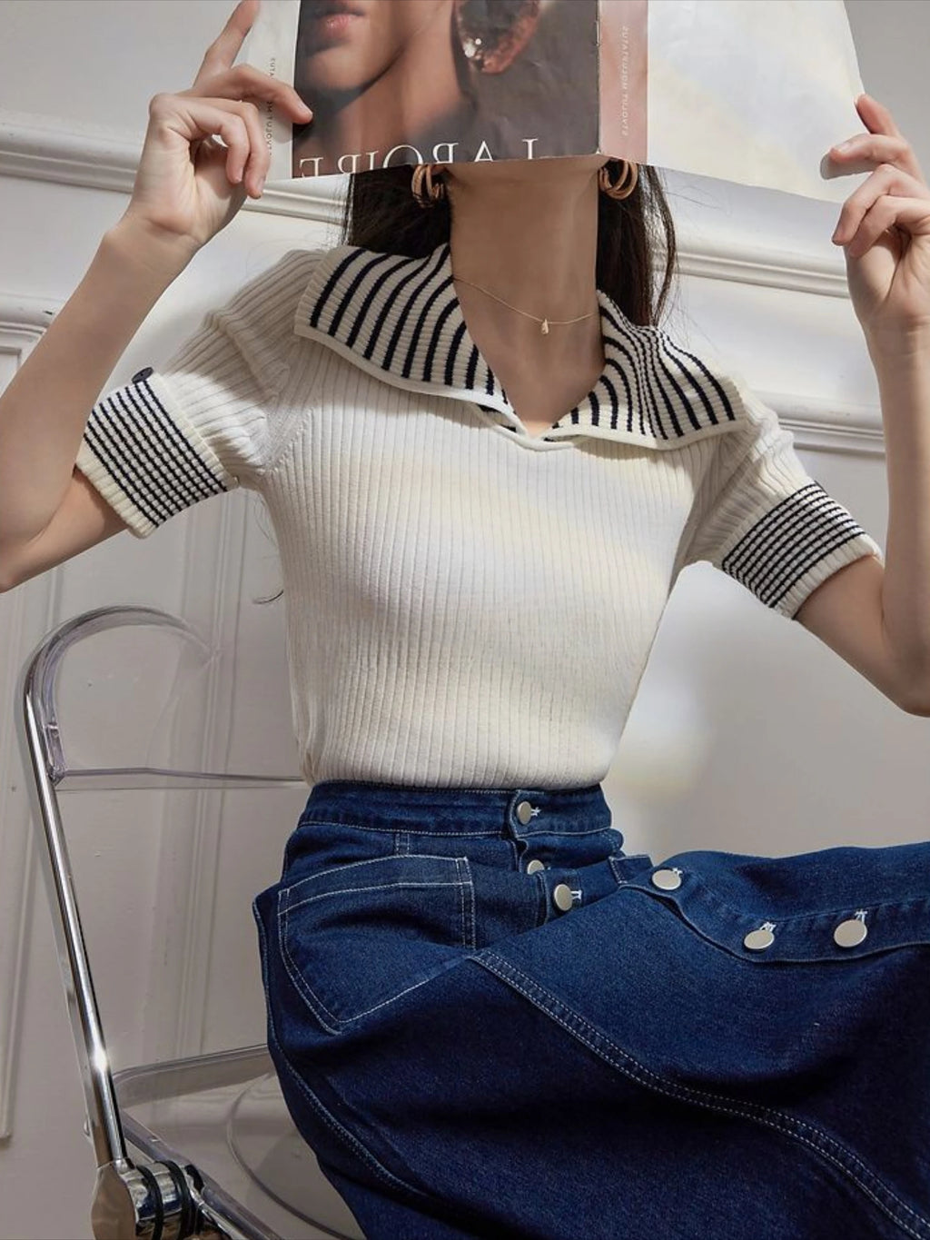 Women's T Shirts Polo Neck Shirt Top Short Sleeve Tee Clothes White Striped Cute Offer Premium With Collar Polyester Sale