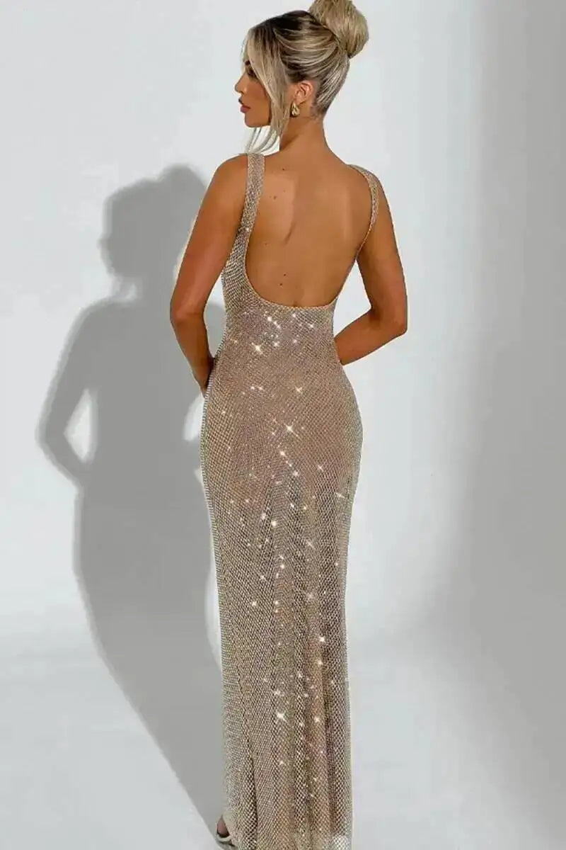 Giyu Sexy Sequined Mesh Diamond Club Evening Party Dresses Women 2025 Summer Autumn Sleeveless Backless Bodycon Maxi Long Dress