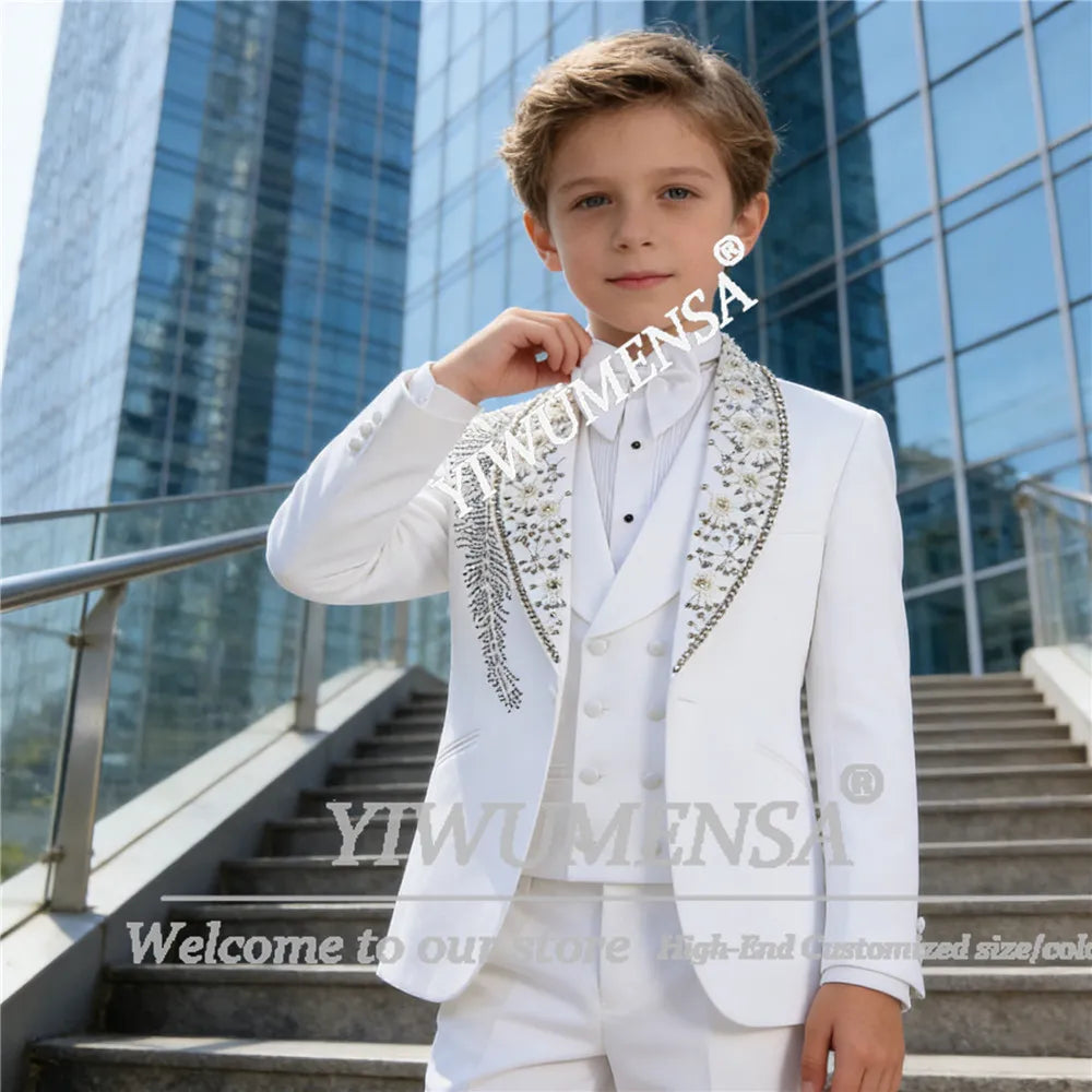 Handsome Boy Suit 3 Piece Sets Beads Pearls Prom Blazers Customized Children Formal Wear Tuxedos Kids Bithdaty Wedding Attires