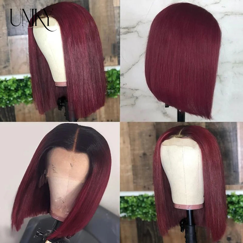 Brazilian Bone Straight Human Hair Wigs For Women 1B/99J Highlight Wig Human Hair bob Wig Straight13x4 Lace Frontal Short BobWig