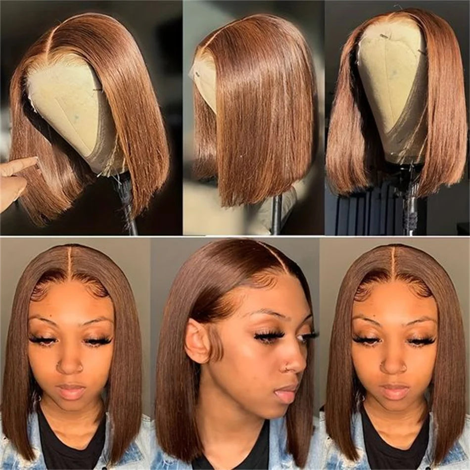 Chocolate Brown Bone Straight Short Bob Wigs 13x4 Lace Front Wigs Human Hair Brazilian Colored Human Hair Bob Wigs 180% Density