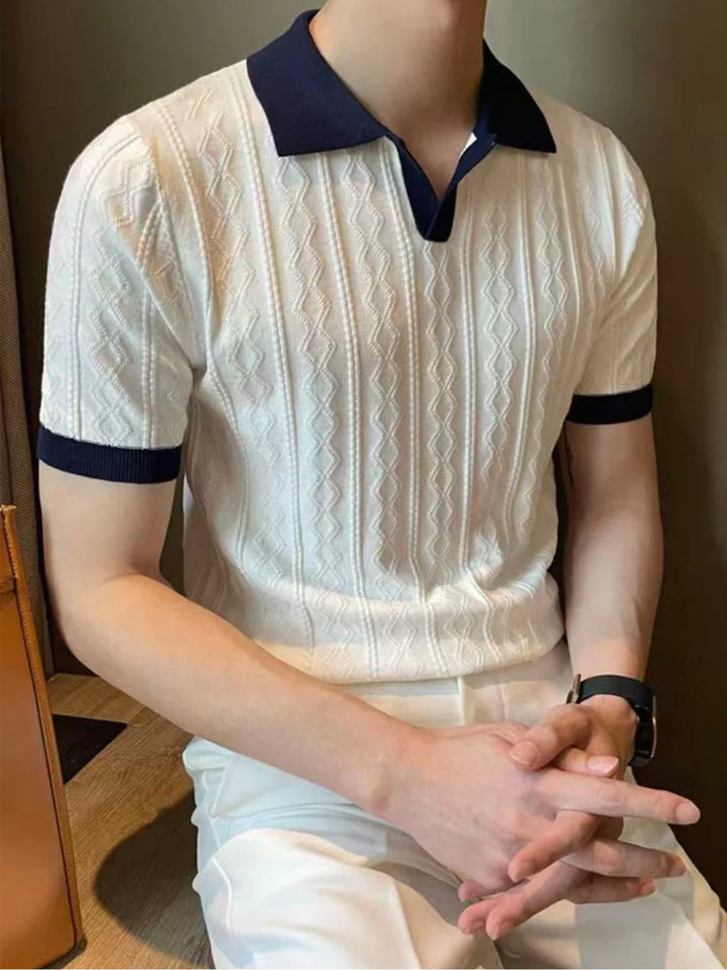 New Men's Slim Fit Polo Shirt Solid Color Elastic Sexy Collar T-shirt Fashionable Casual Top Summer Clothing Comfortable