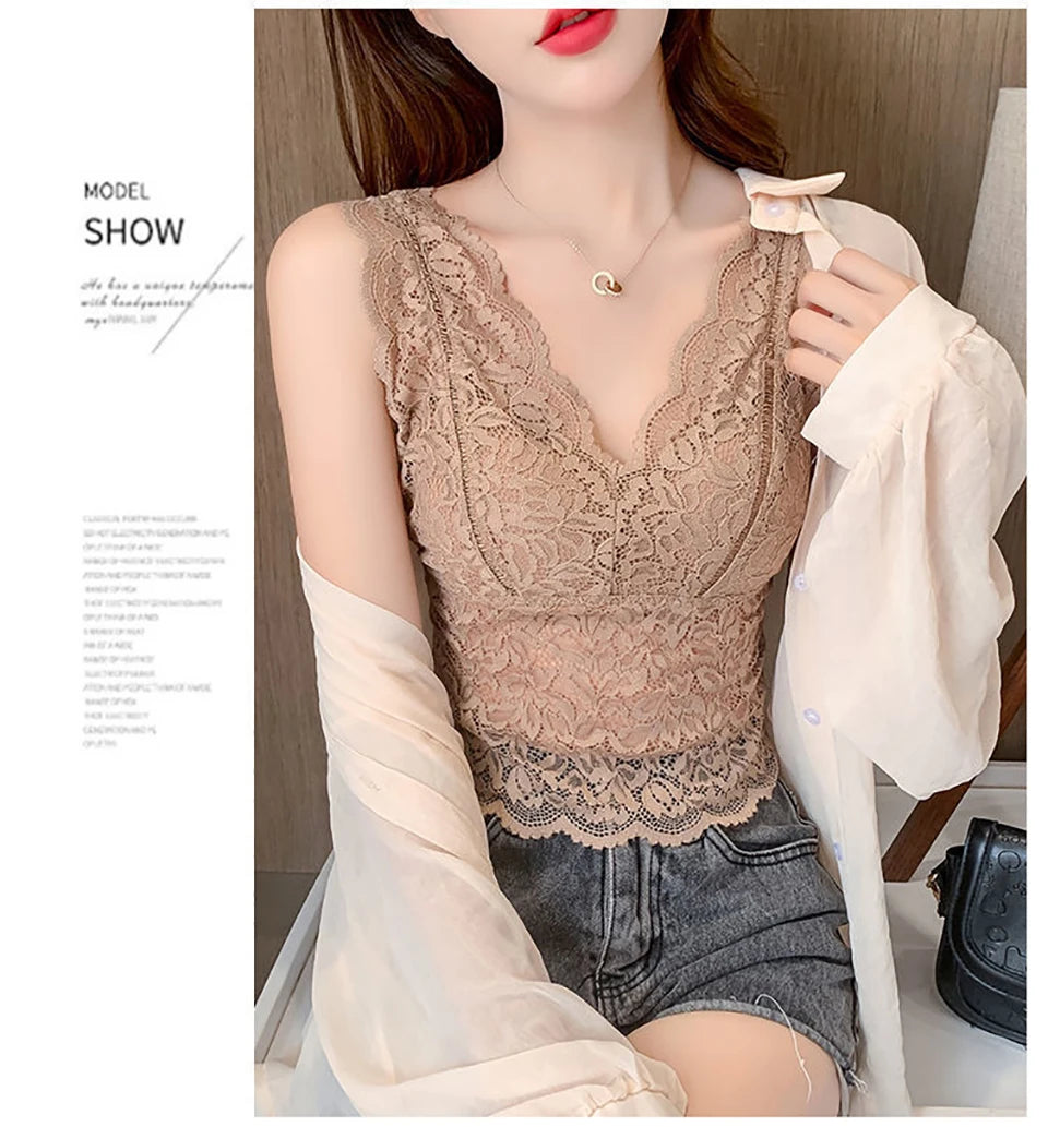 Summer Sexy Deep V Lace Vest With Breast PadsEmbroidery Floral Tank Top Wrapped Chest Camisole Padded Crop Tank Top For Women