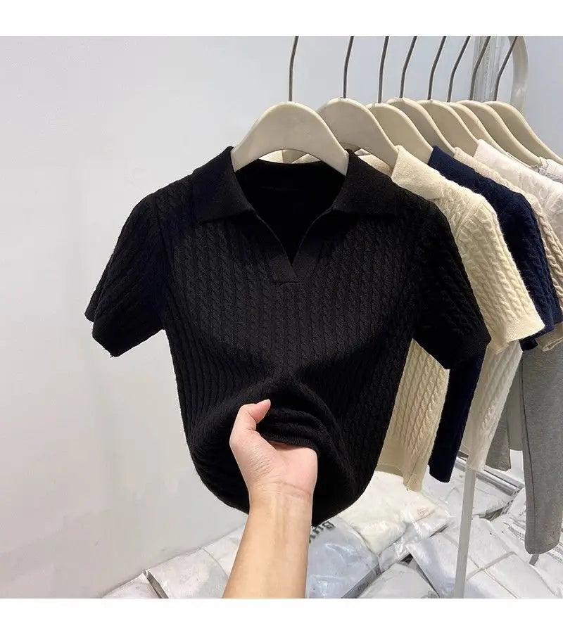 Polo Neck Knit Sweater Women Short Sleeve T-shirt High-end Slim Korean Chic High-end Tops Patchwork Women Clothing Thin Pullover