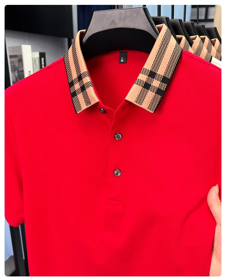 Fashion brand plaid lapel short sleeve polo shirt men summer new style simple solid color high-end business casual golf T-shirt