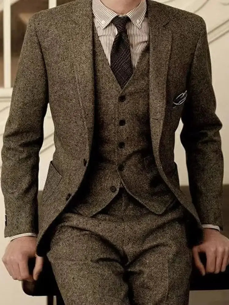 Blazer For Men Designs Brown Tweed Suit Men Vintage Winter Formal Wedding Suits For Men Men's Classic Suit 3 Pieces Men Suit