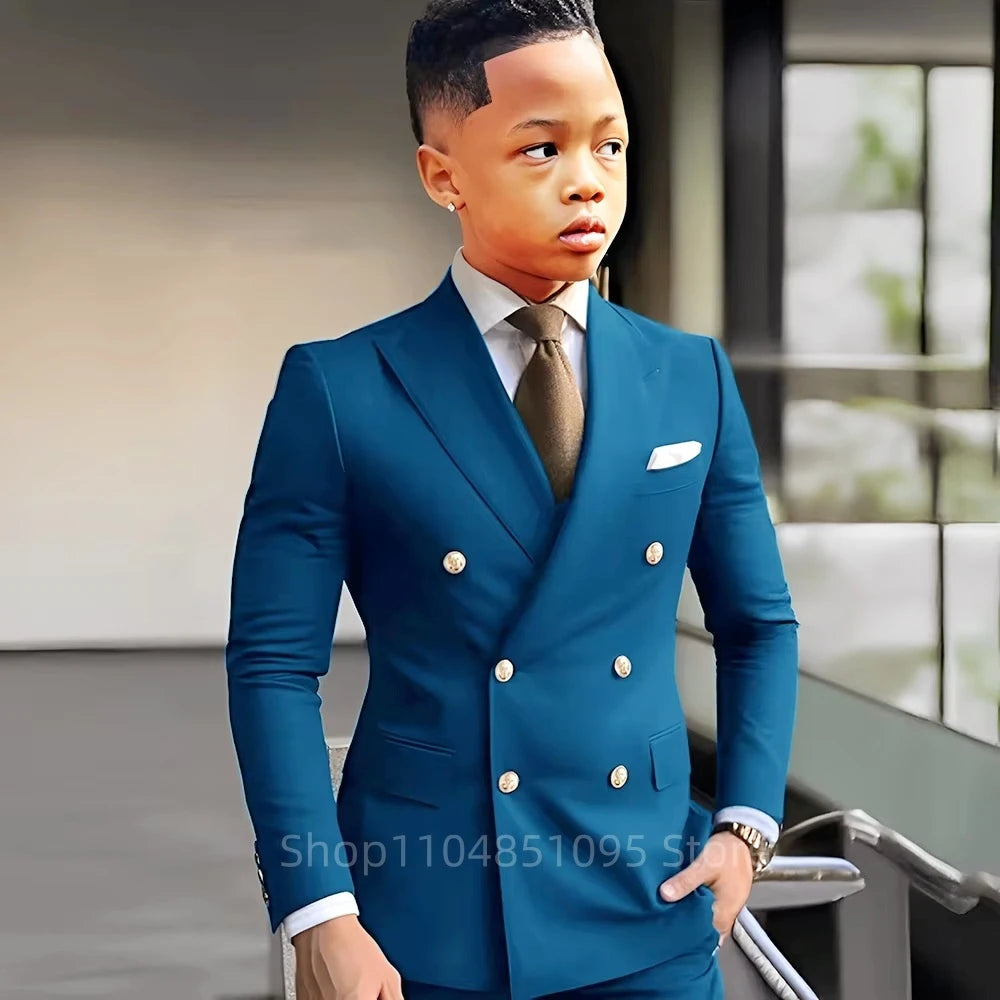 Elegant Boys Suits Double Breasted Blazer Suit Peak Lapel Jacket Pants Wedding Party Formal Occasion Kid's Suits 2 Piece Set