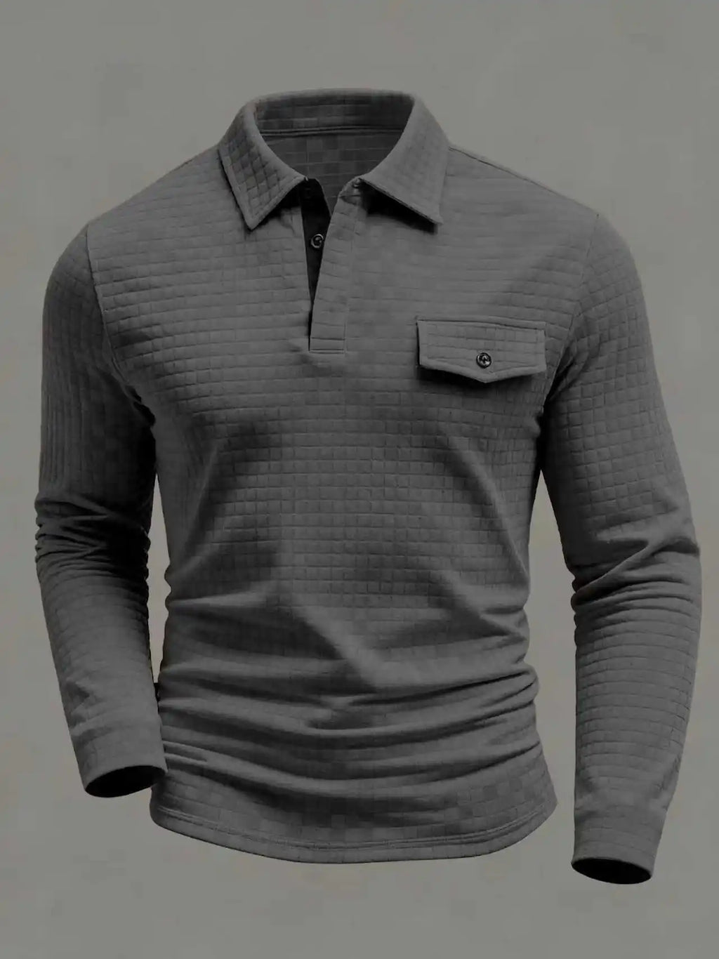 Spring Autumn Men's Classic Polo Shirt - Daily Casual Design with Chessboard Pattern Patch Pockets on the Collar and Long Sleeve
