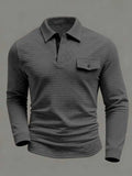 Spring Autumn Men's Classic Polo Shirt - Daily Casual Design with Chessboard Pattern Patch Pockets on the Collar and Long Sleeve