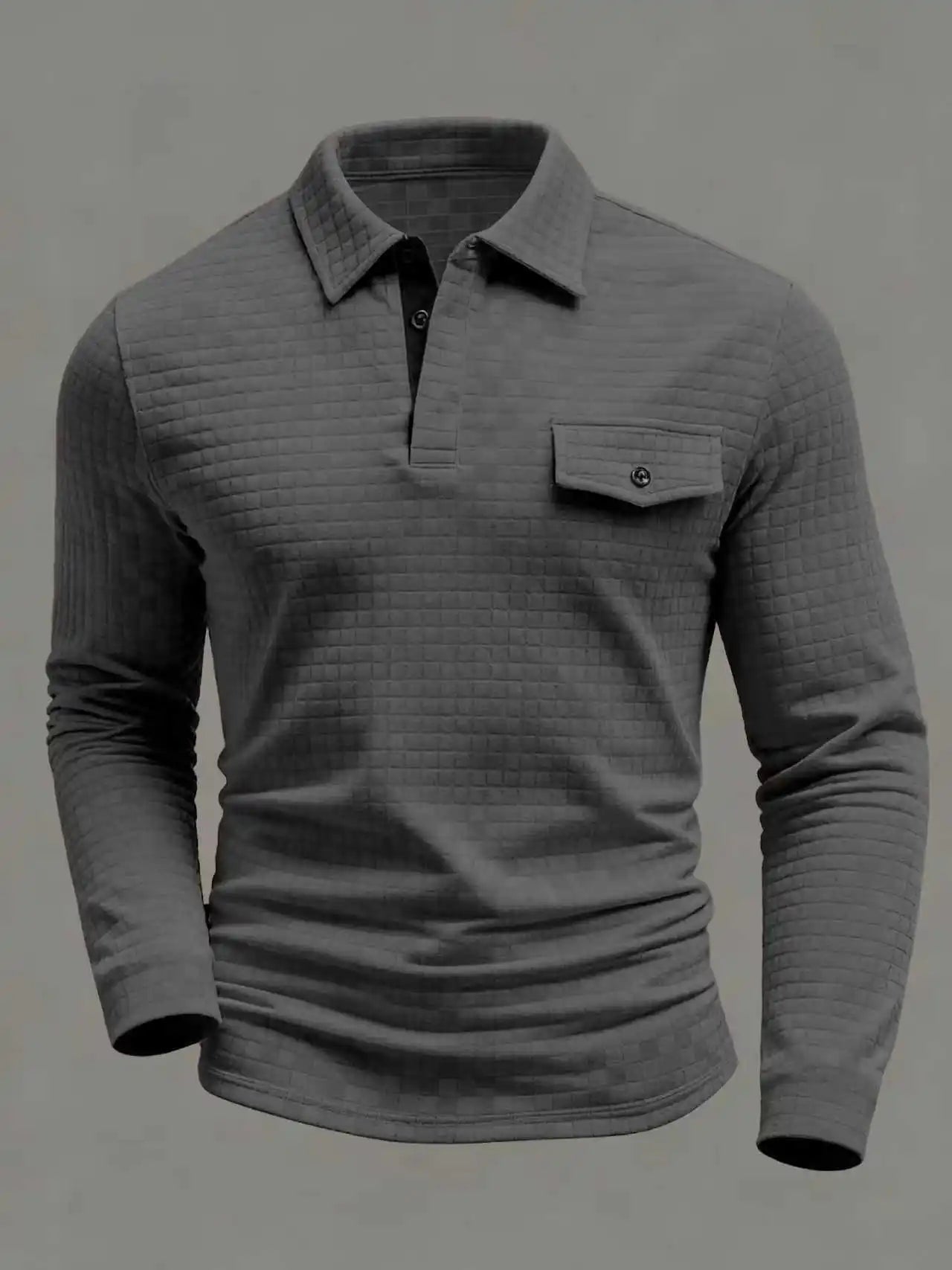 Spring Autumn Men's Classic Polo Shirt - Daily Casual Design with Chessboard Pattern Patch Pockets on the Collar and Long Sleeve