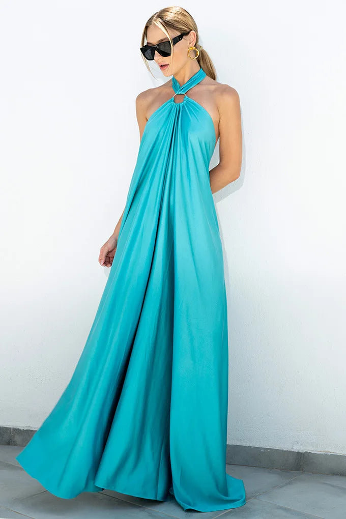 Party Dresses For Women Loose Halter Neck Leace-up Backless Sexy Satin Evening Dress A-line Summer New Fashion Elegant Vacation