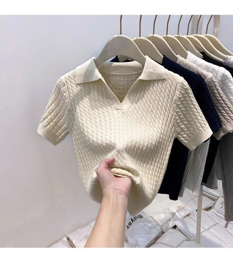 Polo Neck Knit Sweater Women Short Sleeve T-shirt High-end Slim Korean Chic High-end Tops Patchwork Women Clothing Thin Pullover