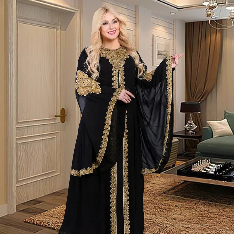 Party Dresses for Women Abaya Muslim Caftan 2 Piece Set Eid Flare Sleeves Robe Embroidered Gold Lace Dress Suit Jalabiya Ramadan