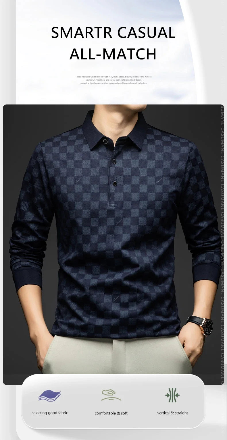 Polo Shirts for Man Autumn Business Slim Fit Long Sleeve T Shirt Men New Casual Loose Pullover Plaid Men Tops & Tees