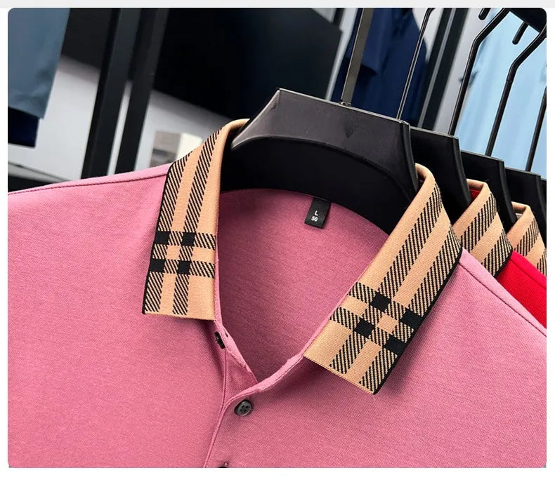 Fashion brand plaid lapel short sleeve polo shirt men summer new style simple solid color high-end business casual golf T-shirt