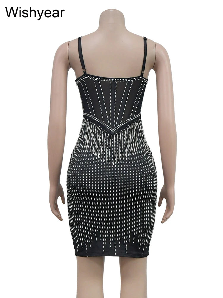 Elegant Evening Birthday Party Dresses for Women Halter Neck Mesh Patchwork Diamonds Rhinestones Prom Club Bodycon Midi Vestidos