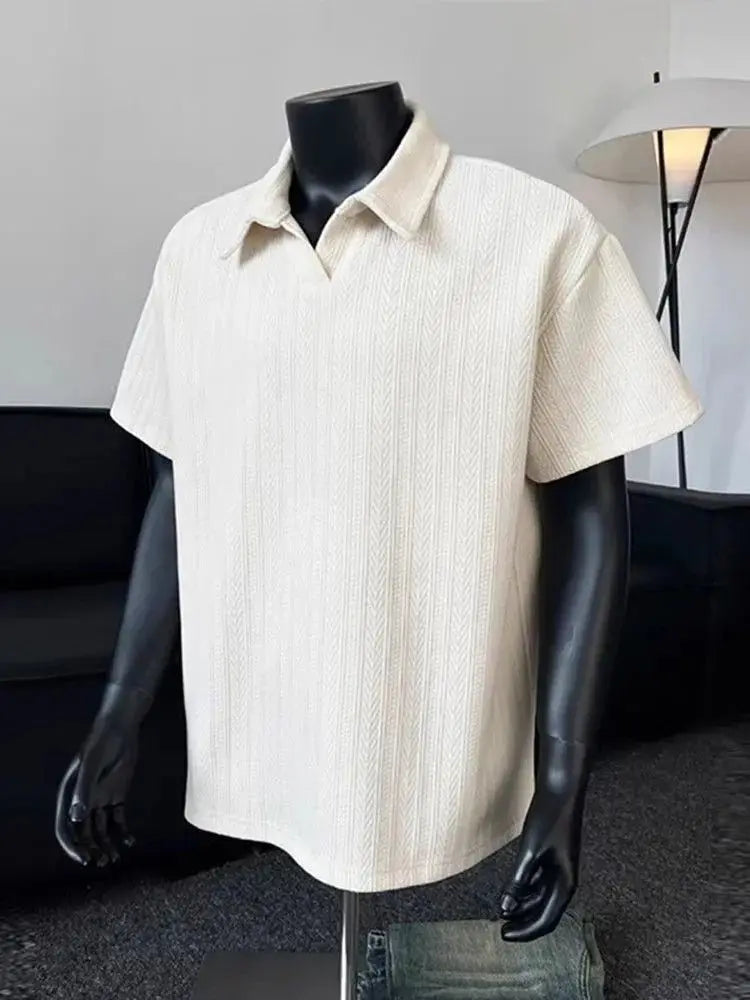 Men Short Sleeve Polo Shirt Herringbone Rib Knit Oversized Casual Top