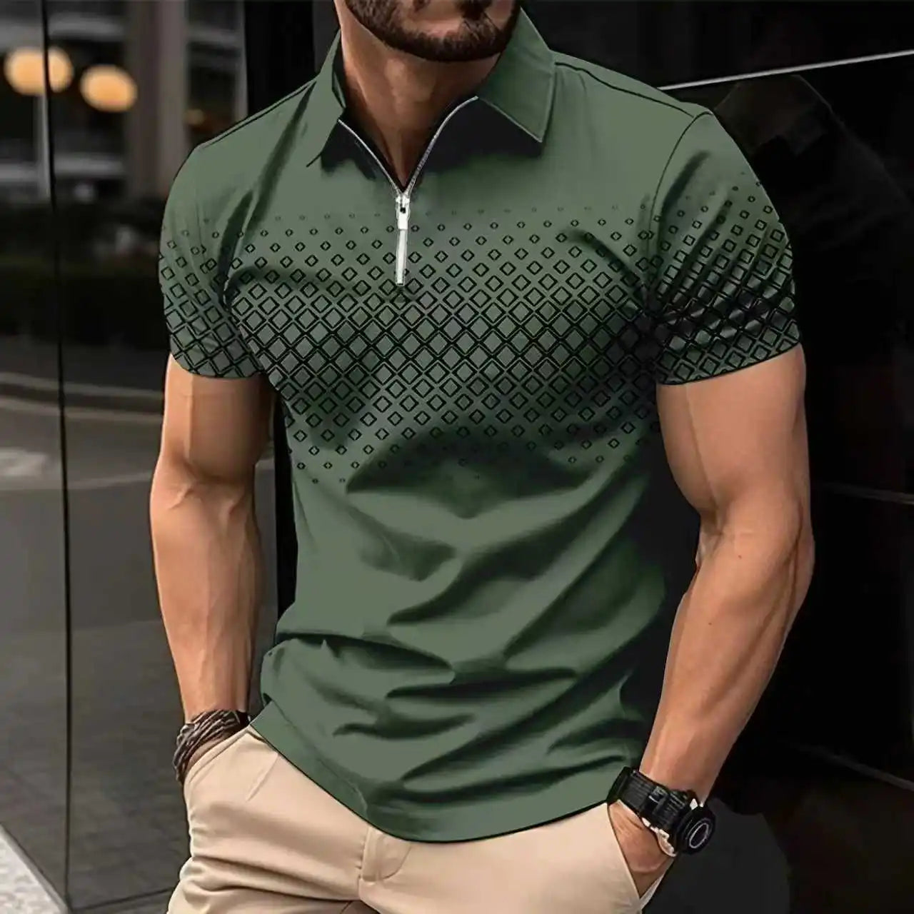 Men'S Polo Shirt Plaid Print Zip Polo T-Shirt Summer Short Sleeve Daily Casual Golf Shirt High Quality Tops Fashion Men Clothing