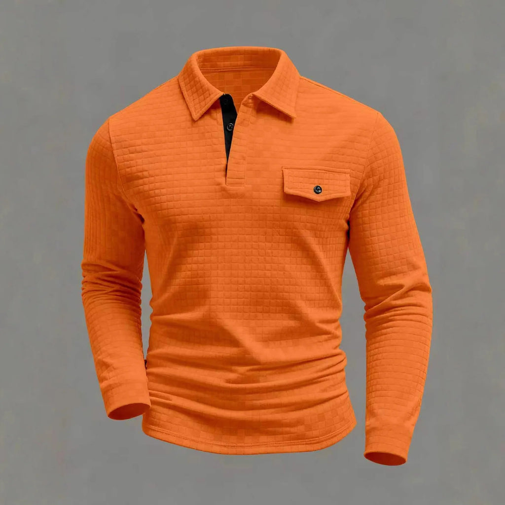 Spring Autumn Men's Classic Polo Shirt - Daily Casual Design with Chessboard Pattern Patch Pockets on the Collar and Long Sleeve