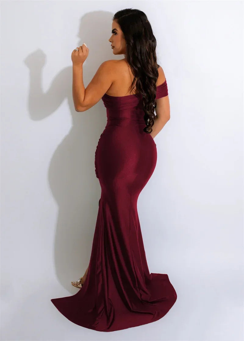 Elegant One Shoulder Split Mermaid Long Dresses for Women Evening Night Party Sleeveless Ruched Formal Prom Wedding Guest Dress